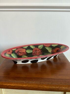 Droll Designs Oval LuLu Platter Serving Dish Rose Polka Dots Handpainted Vintage